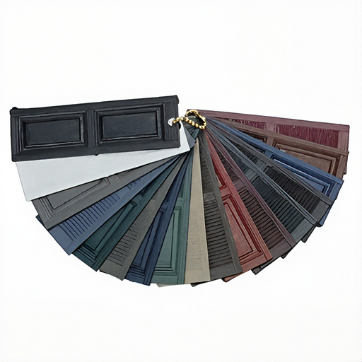 A collection of miniature molded vinyl shutters fanned out in a spectrum of colors to display available color options.